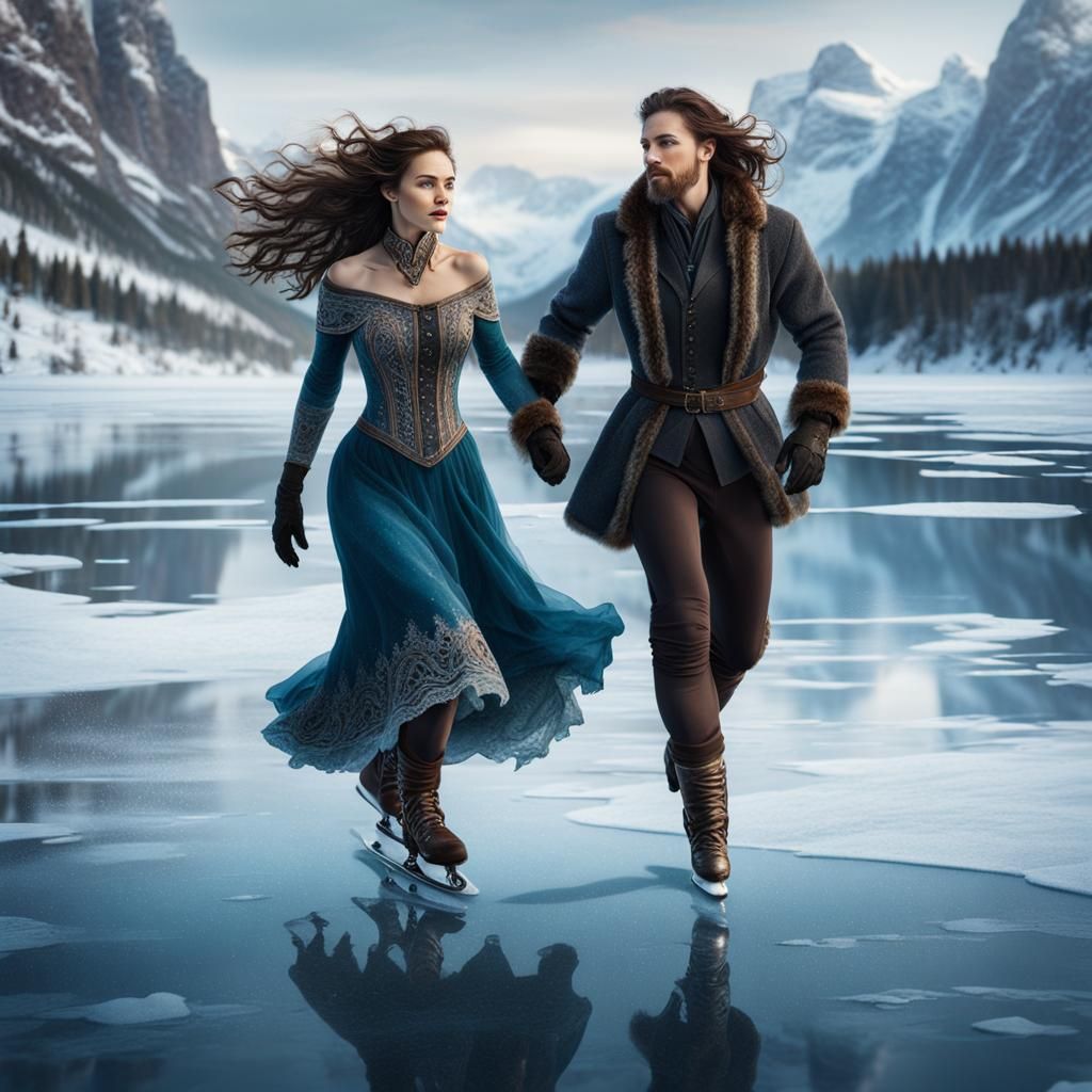 Skaters on a Frozen Lake in Norway