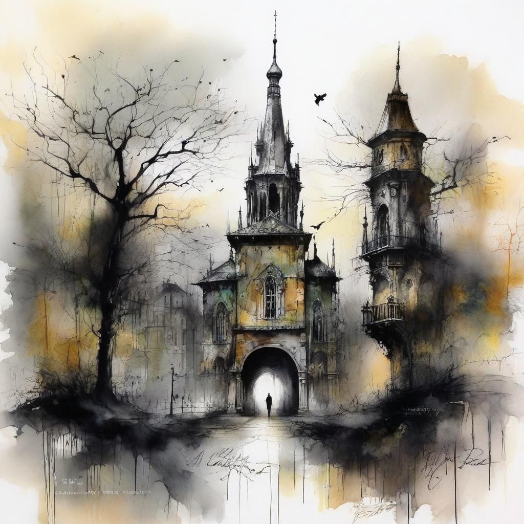 Surreal Dark Fantasy Ink Art in Soft Pastels