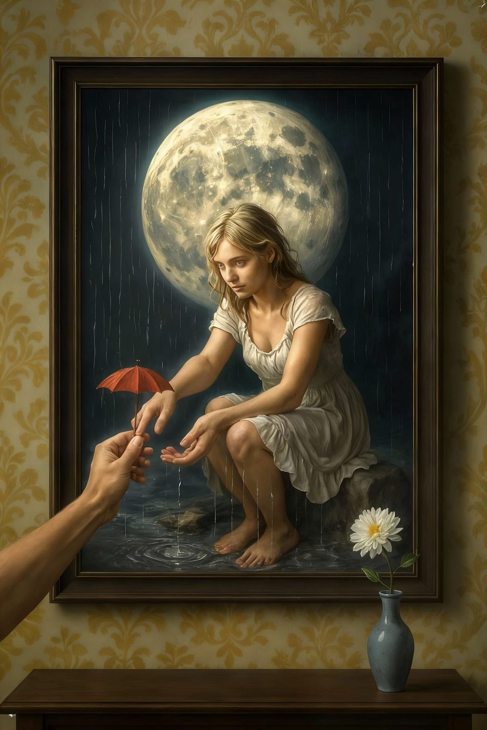 Surreal Oil Painting: Woman Reaching for Umbrella Under Full...