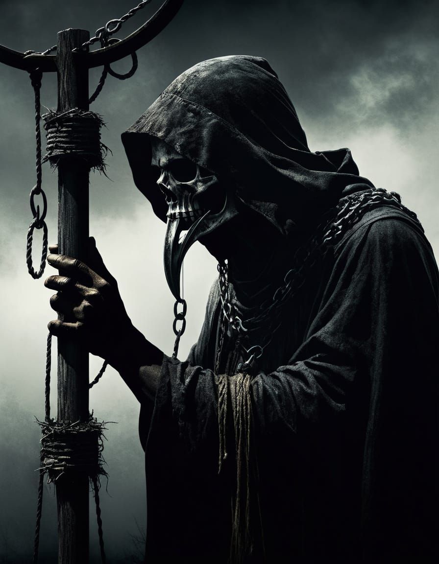 Dark Fantasy Character Sniffing Gibbet in Gritty Painterly S...