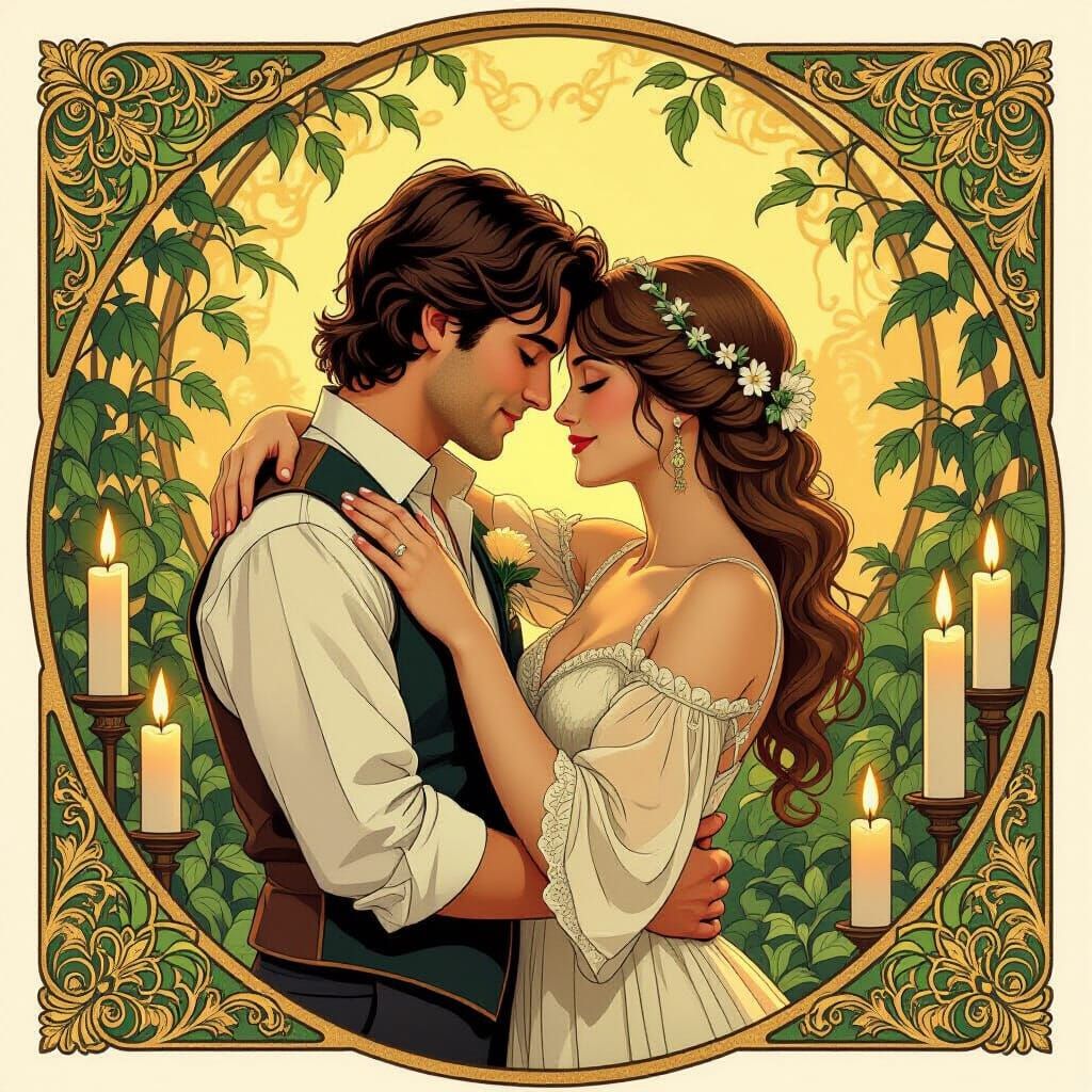 Romantic Couple Embracing in Art Nouveau Style