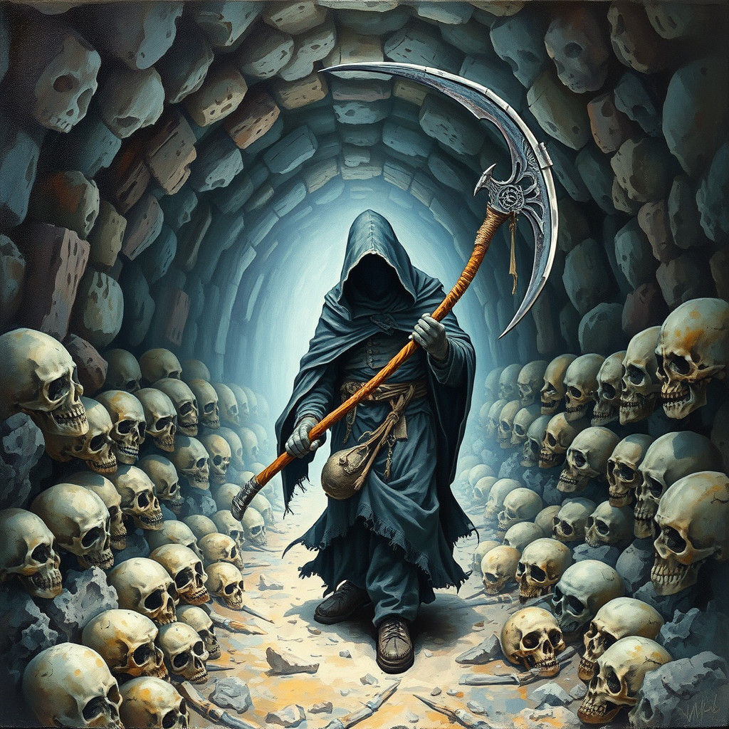 Reaper in Skull Tunnel: Gouache, Watercolor Style