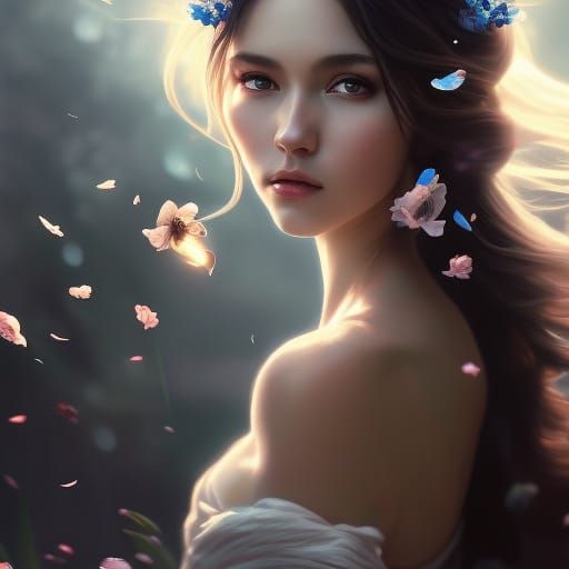Ethereal Ghost Portrait with Flying Flowers, Airbrushed Art