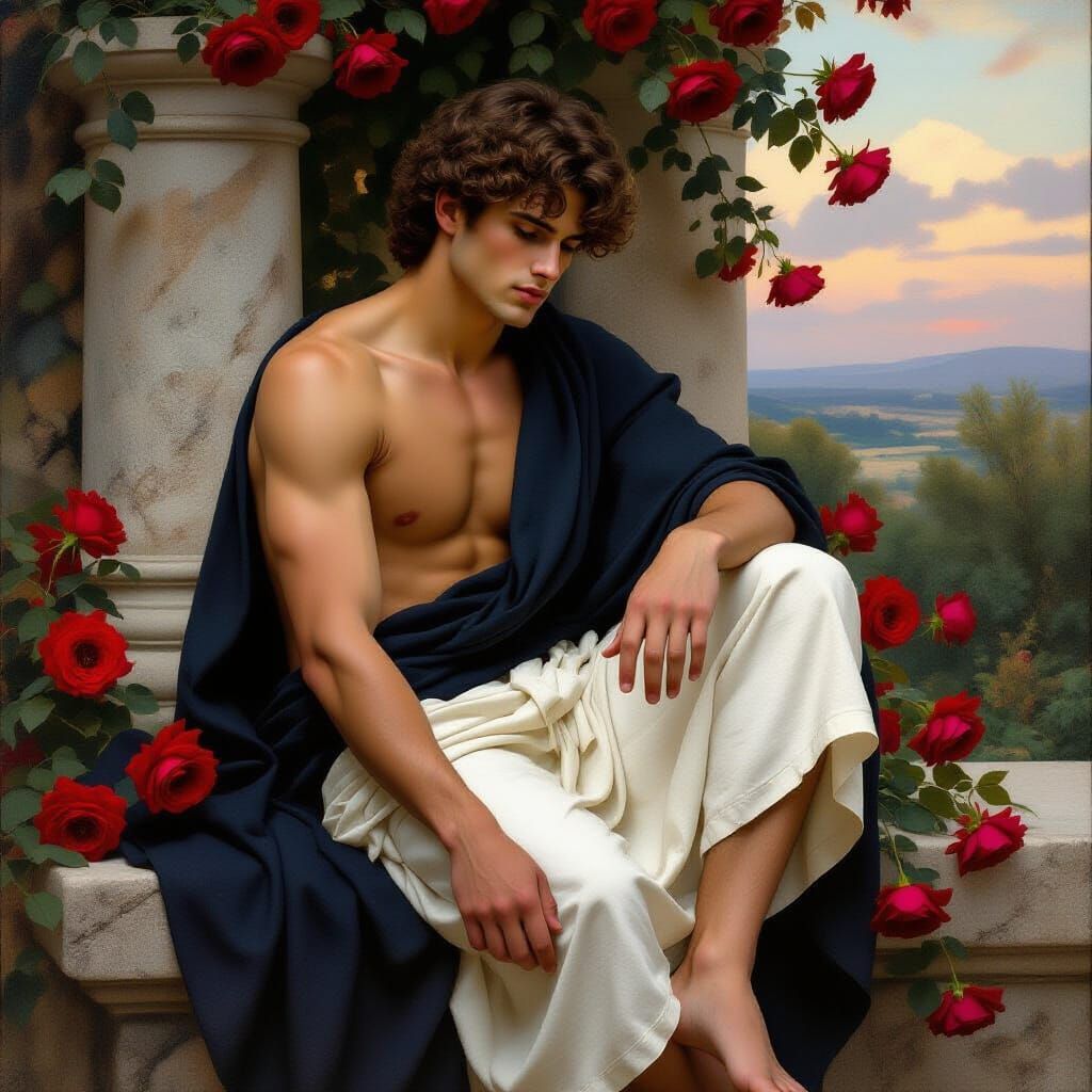 Young Man in Roses, Classical Realism Oil Painting