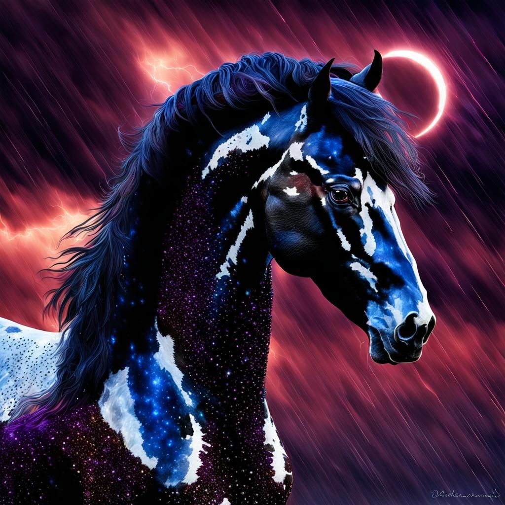 Diamond Friesian Stallion Rearing in Storm