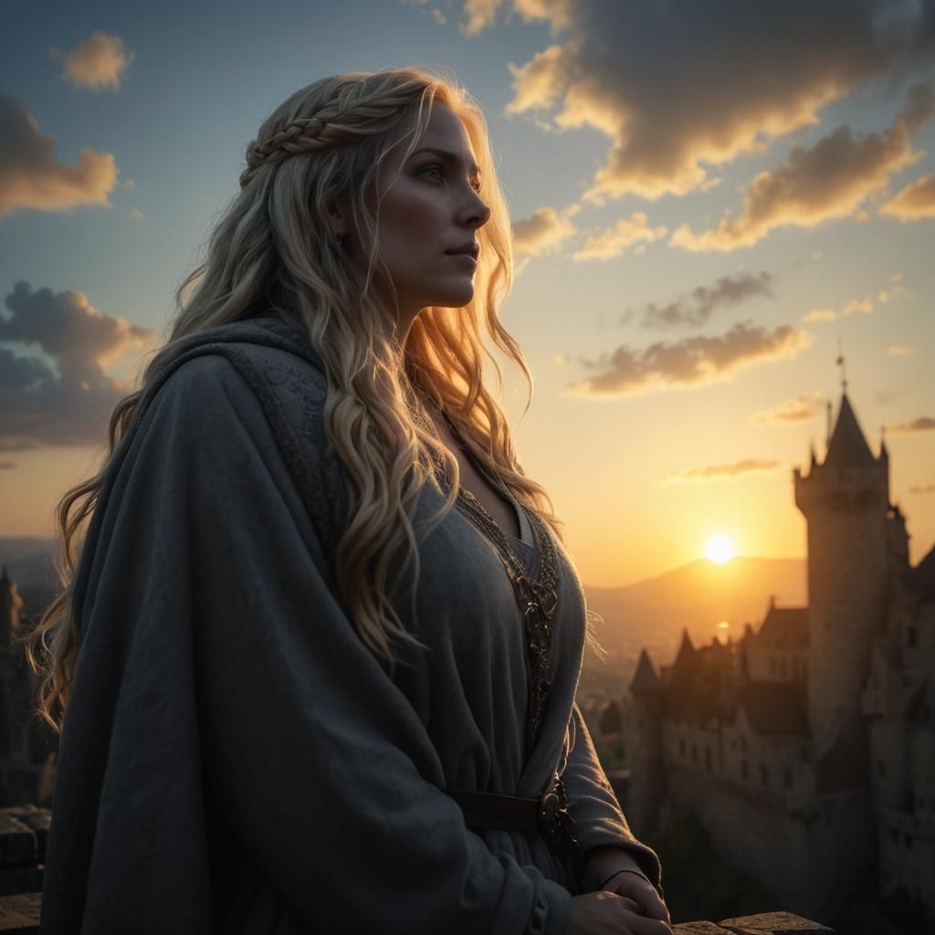 Blonde Woman Watching Sunrise: Hyperrealistic Dark Fantasy A...