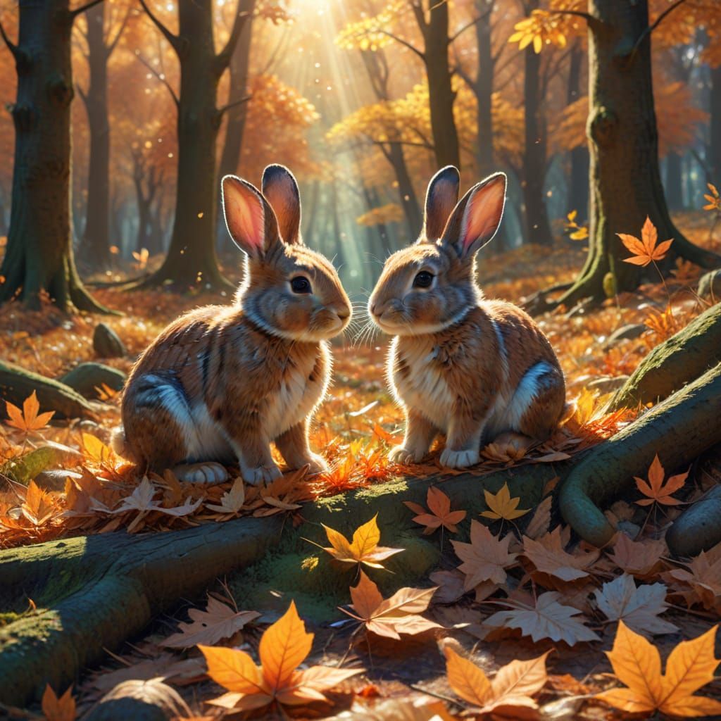 Cute Bunnies Play in Sun-Dappled Autumn Woods