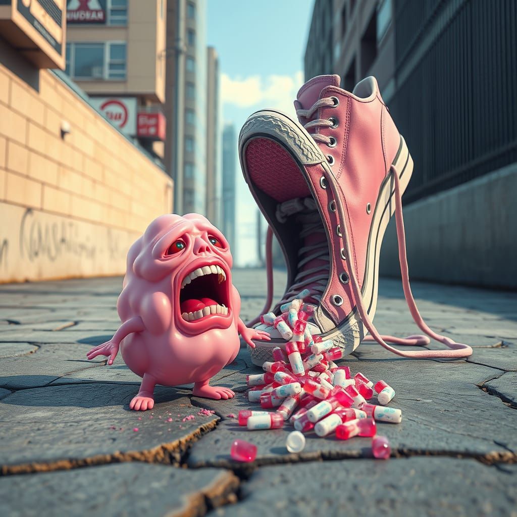 Terrified Gum Creature Confronts Giant Shoe in Urban Nightma...