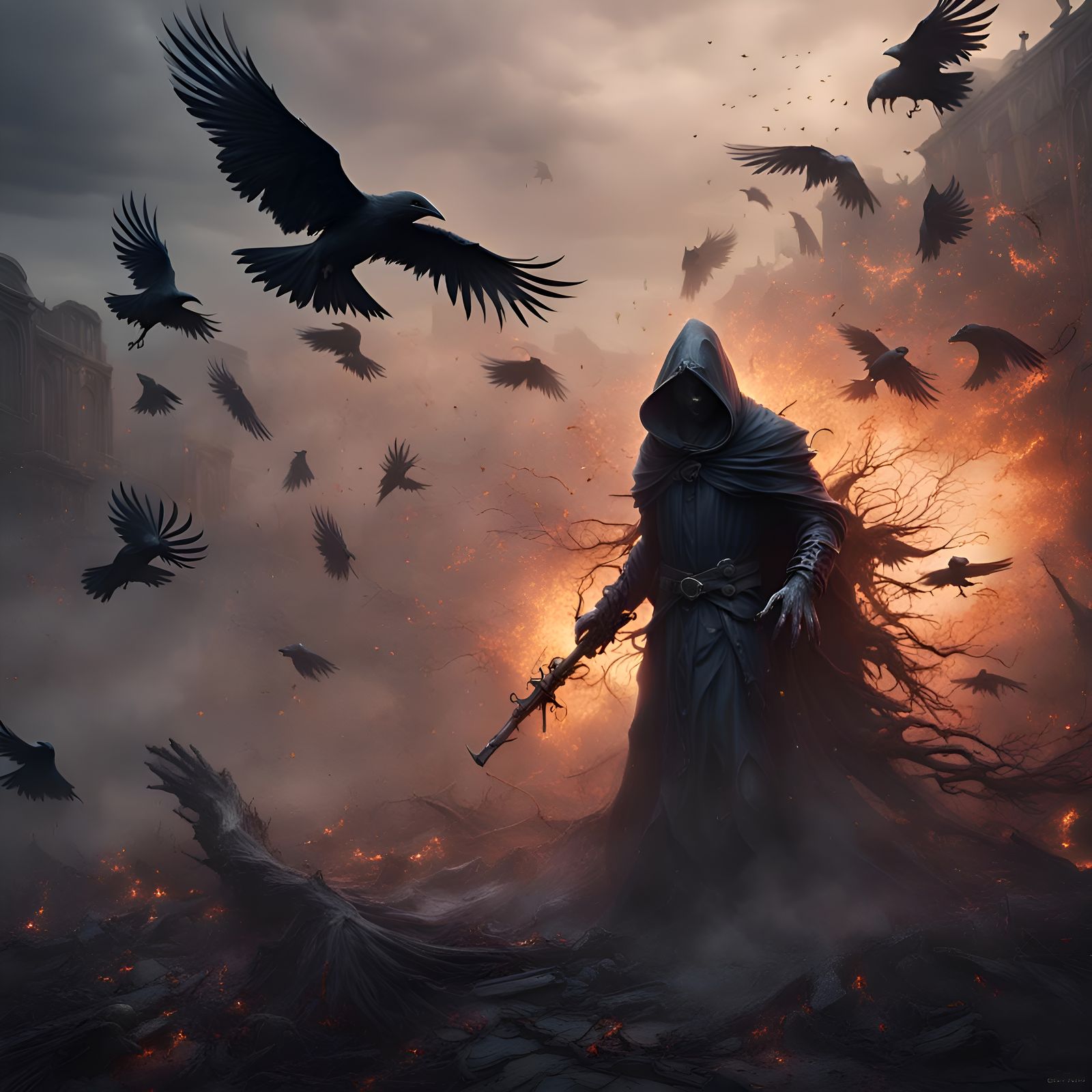 Crow Reaper Exploding into Fog: Fantasy Art