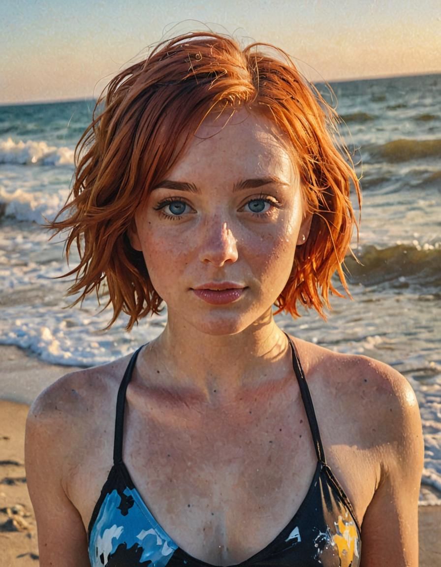 Girl with Red Hair on Beach, Oil Painting