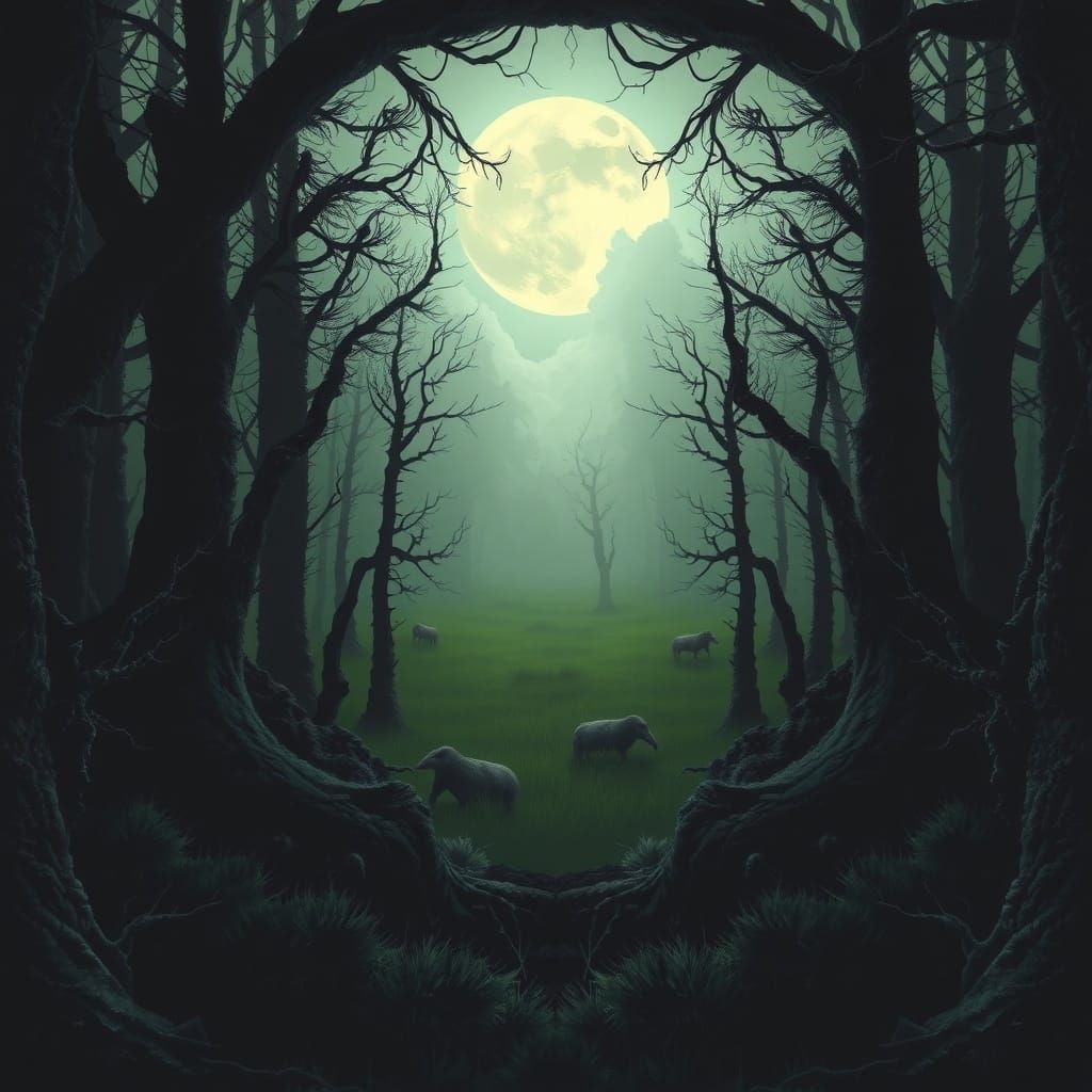 Spooky Forest Clearing Reveals Foggy Moonlit Meadow