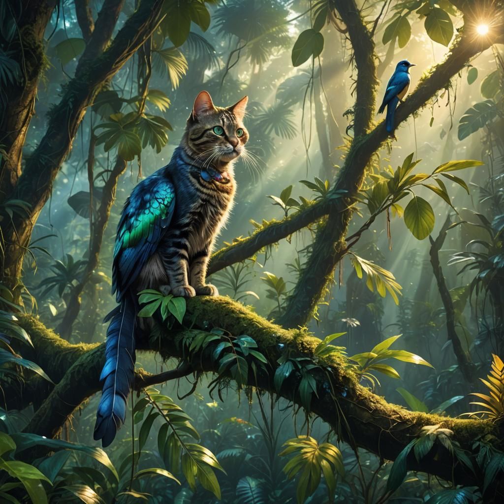 Cat-Bird Hybrid Perched in a Lush Rainforest