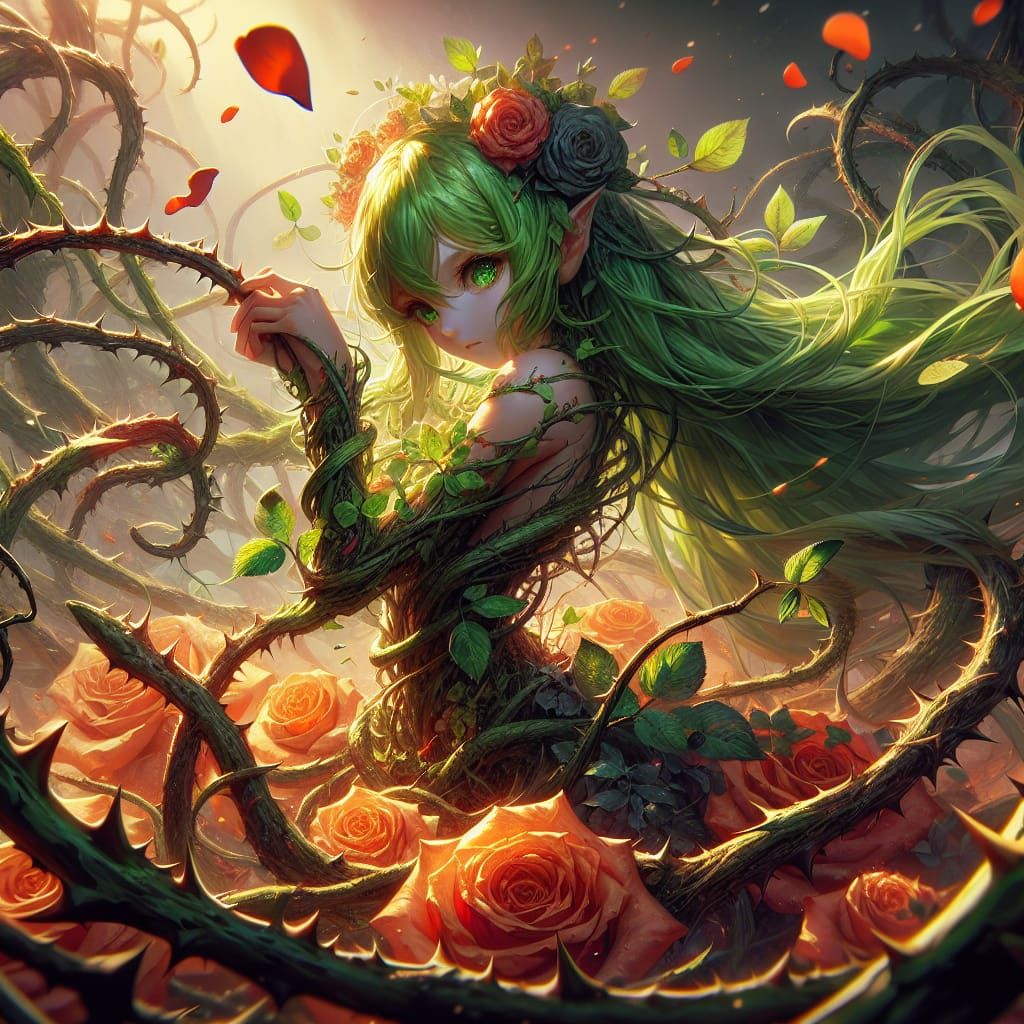 Anime Dryad in Thorny Rose Garden: Fantasy Art