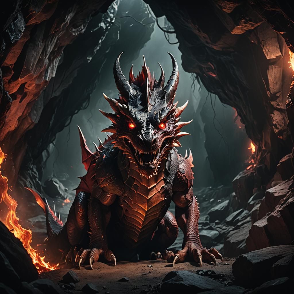 Dramatic Fire Dragon in a Dark Cave