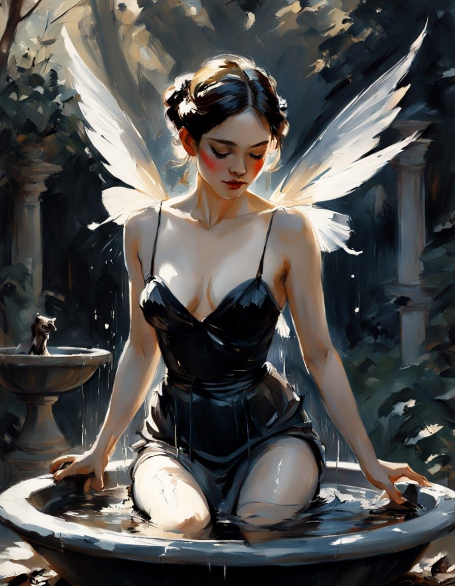 "Tiny Fairy with Finch Wings playing in a bird bath", macro ...