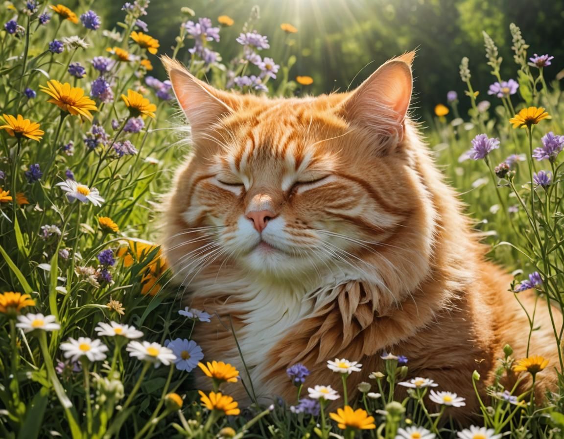 Orange Cat Dreams in Sunny Flower Meadow