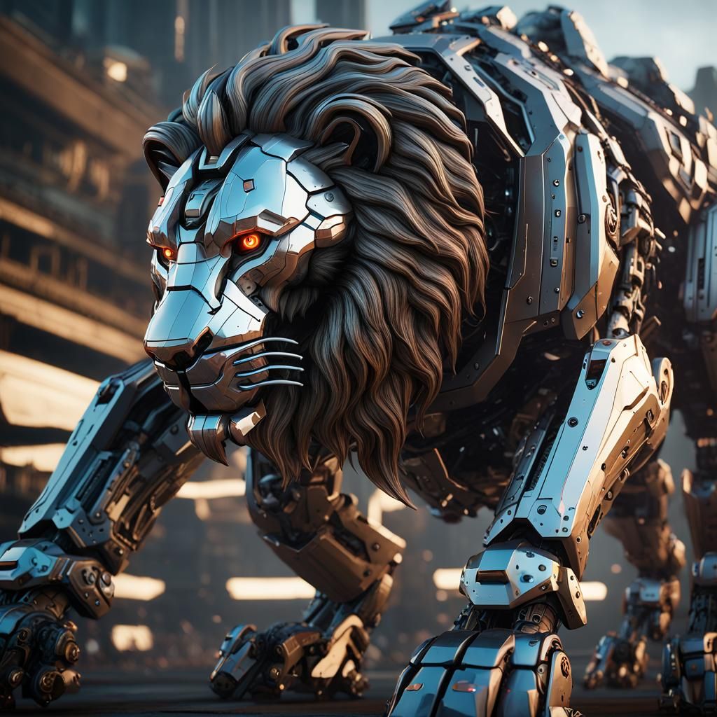 Intricate Mechanical Lion Ground Level Shot in 8K