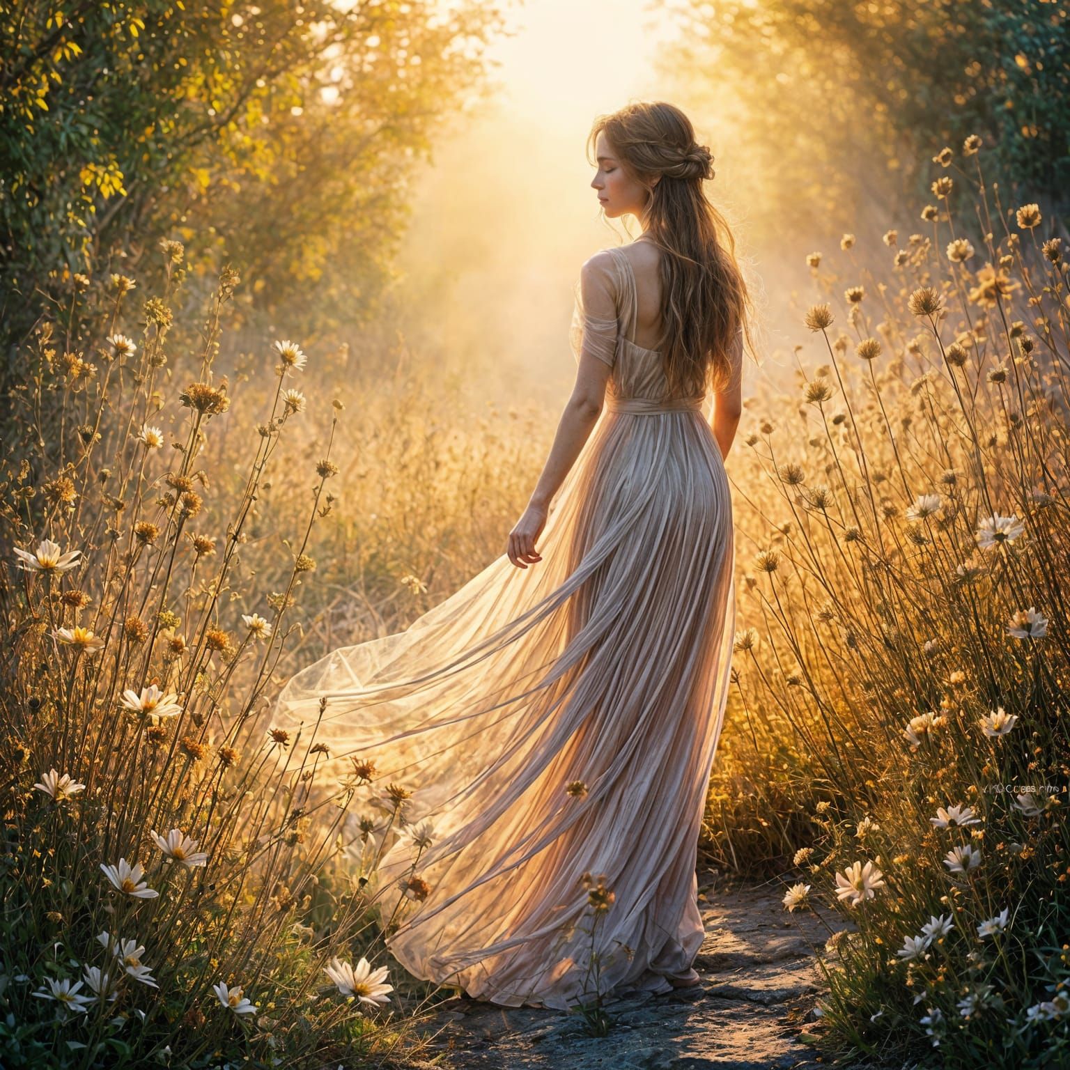 Ethereal Woman in Wildflower Field at Golden Hour