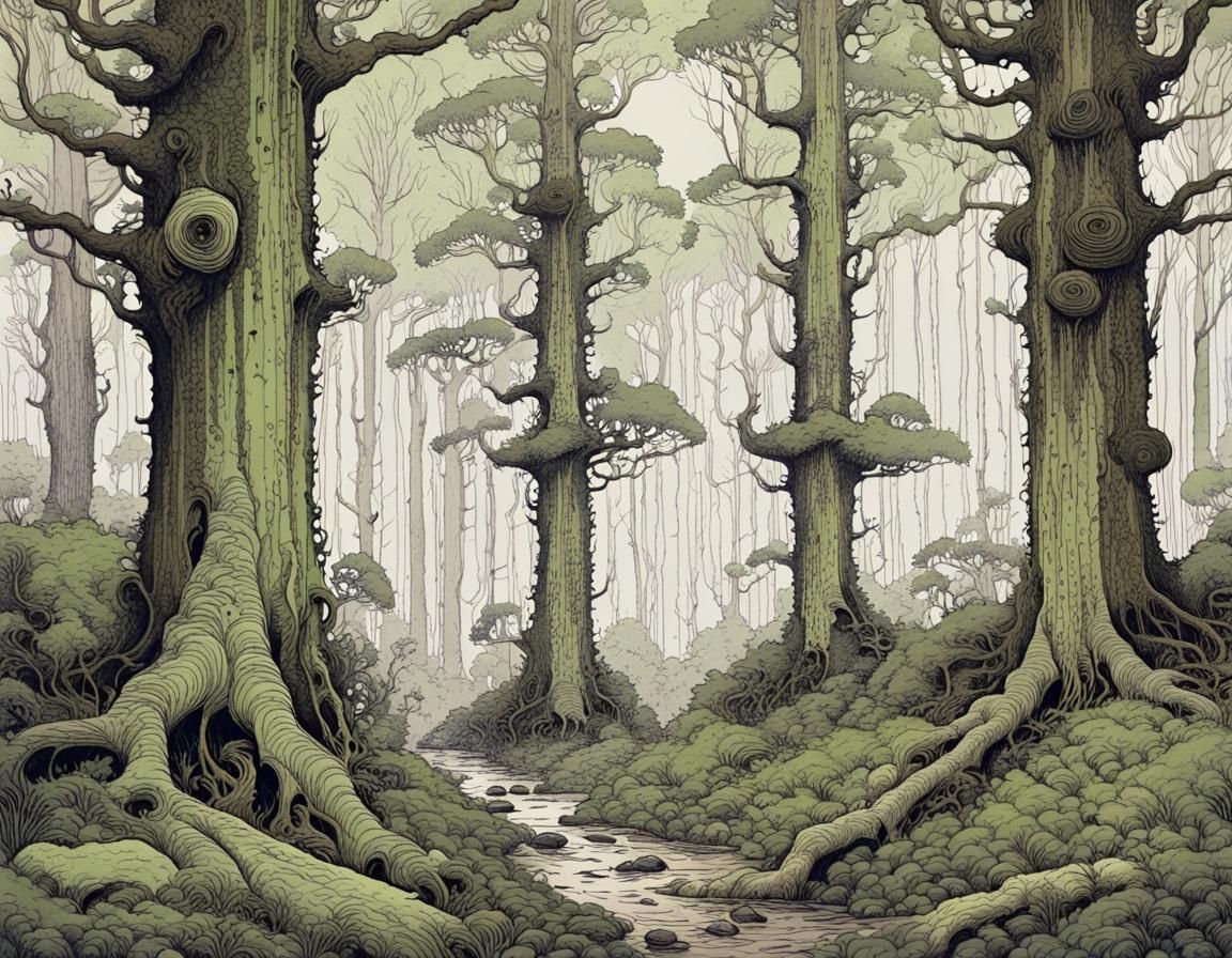 Ancient Forest Pen and Ink Drawing in Robinson Style