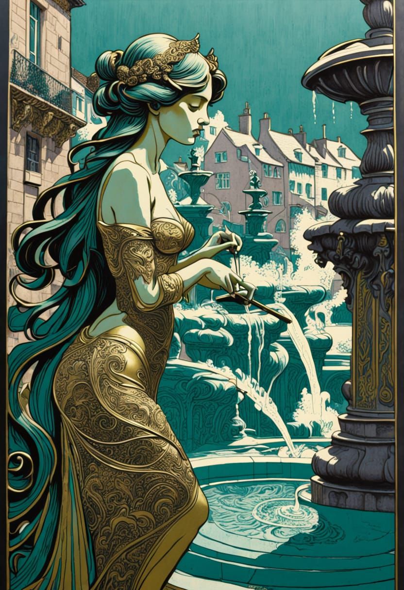Art Nouveau Silkscreen of St Ives Fountain