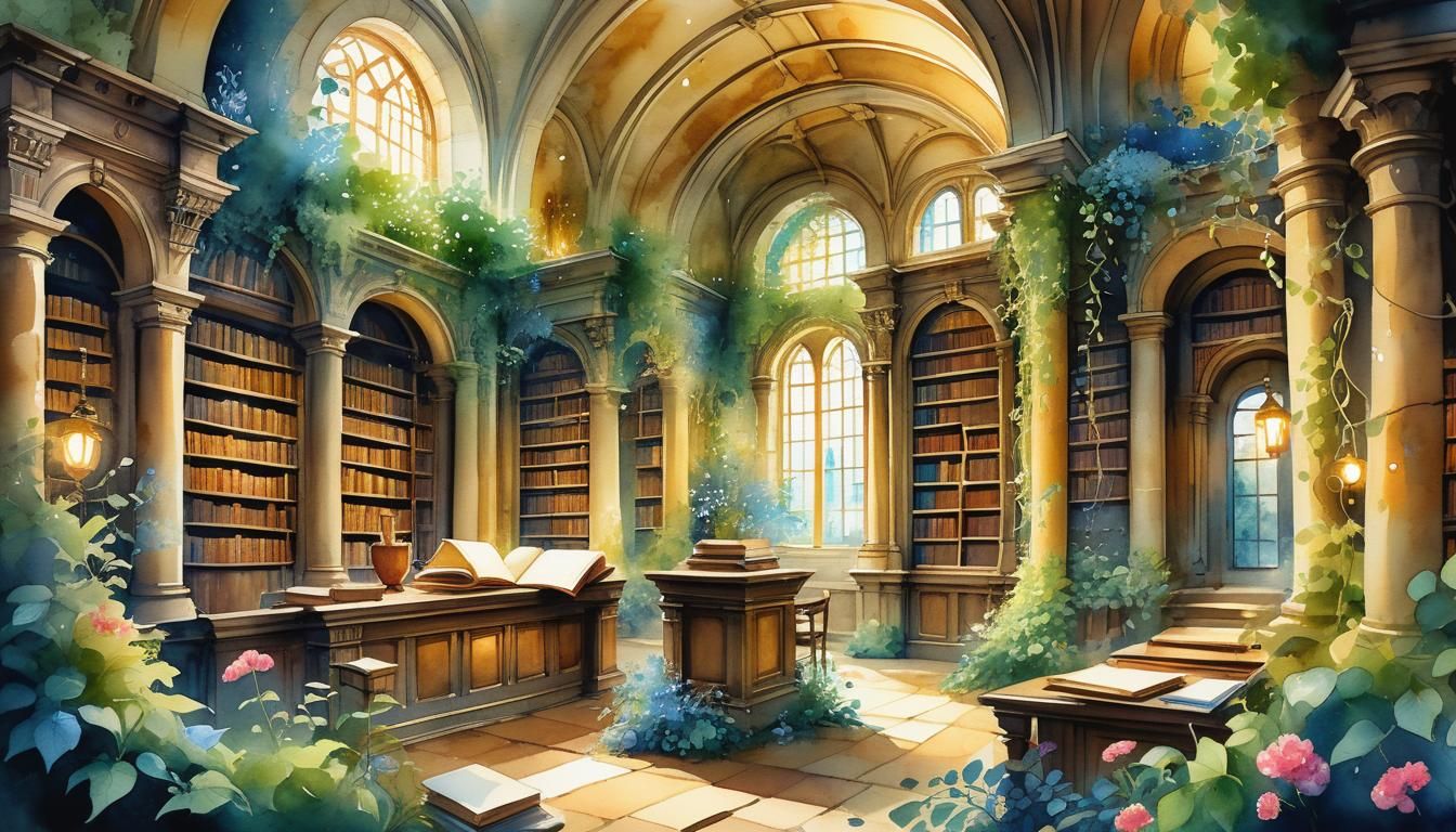 Mystical Library Blueprint in Whimsical Watercolor Style