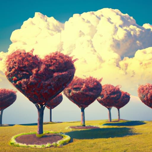 Photorealistic Cherry Tree Orchard with Heart Cloud