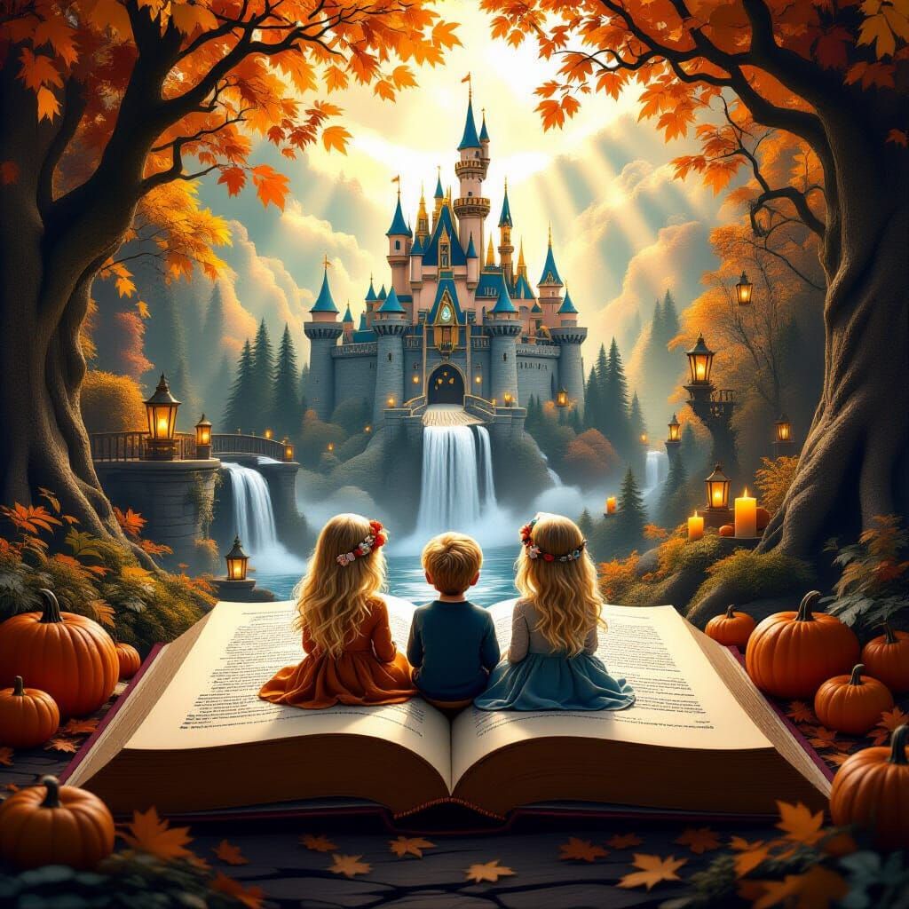 Magical Fairytale Castle with Girls and Boy in Open Book
