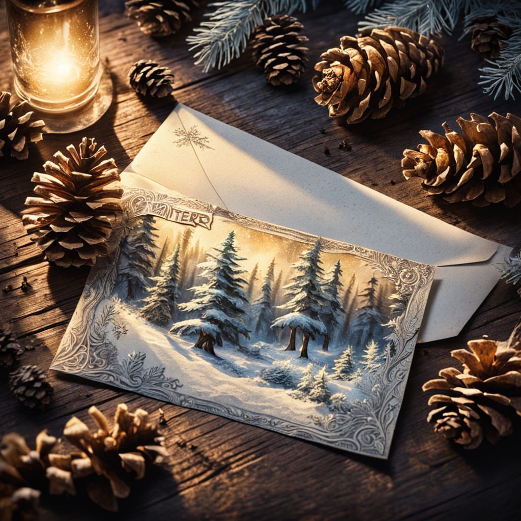 Magical Winter Forest Scene Inside Antique Envelope