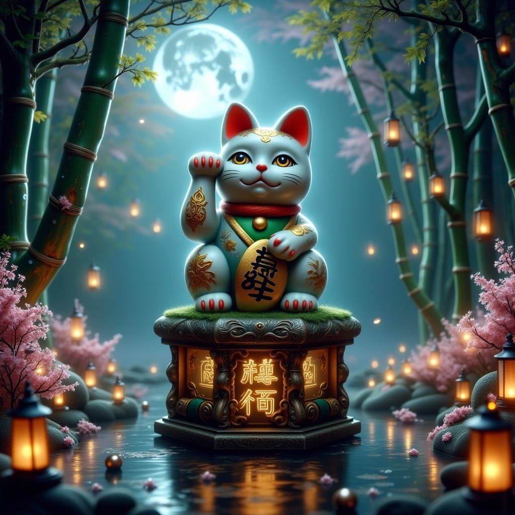 Mystical Maneki-Neko in Moonlit Bamboo Forest