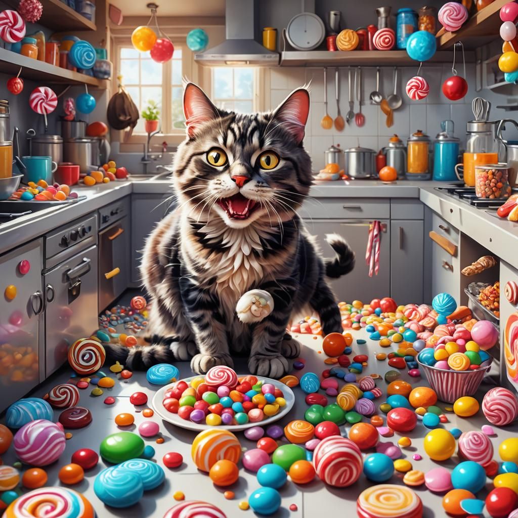 Cat Eats Candy: Whimsical Digital Illustration