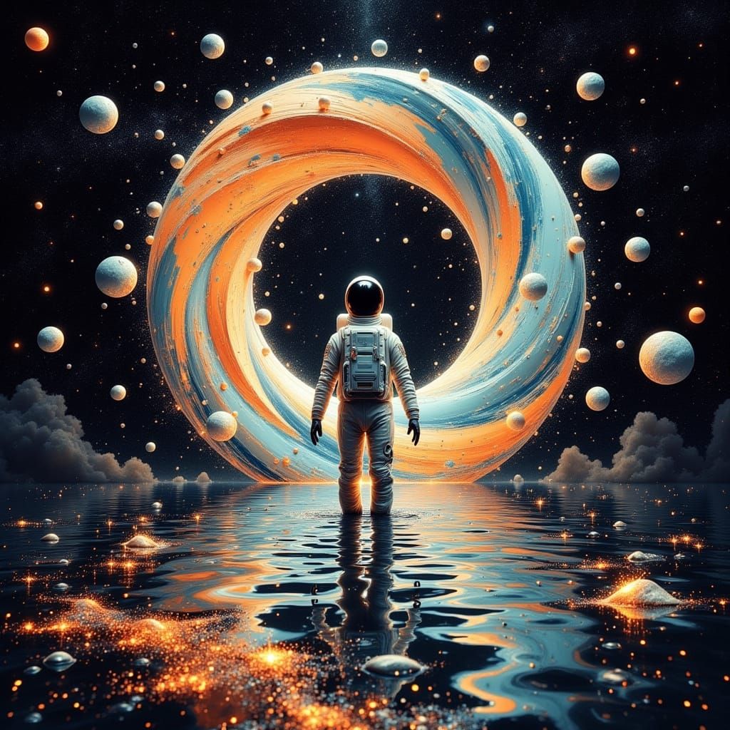 Surreal Astronaut Crosses Dimensions in Ancient Gold Hues