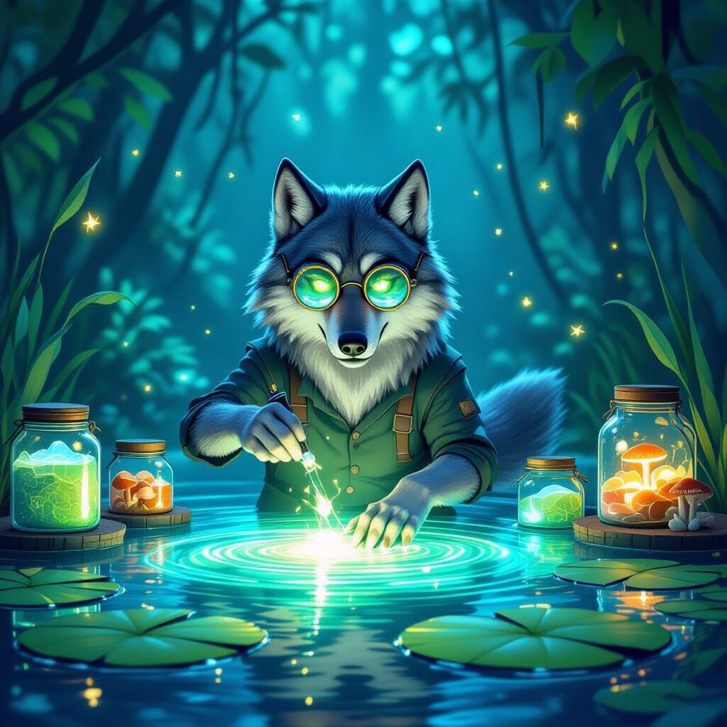 Wolf Scientist Mixes Glowing Potions in Enchanted Pond Lab