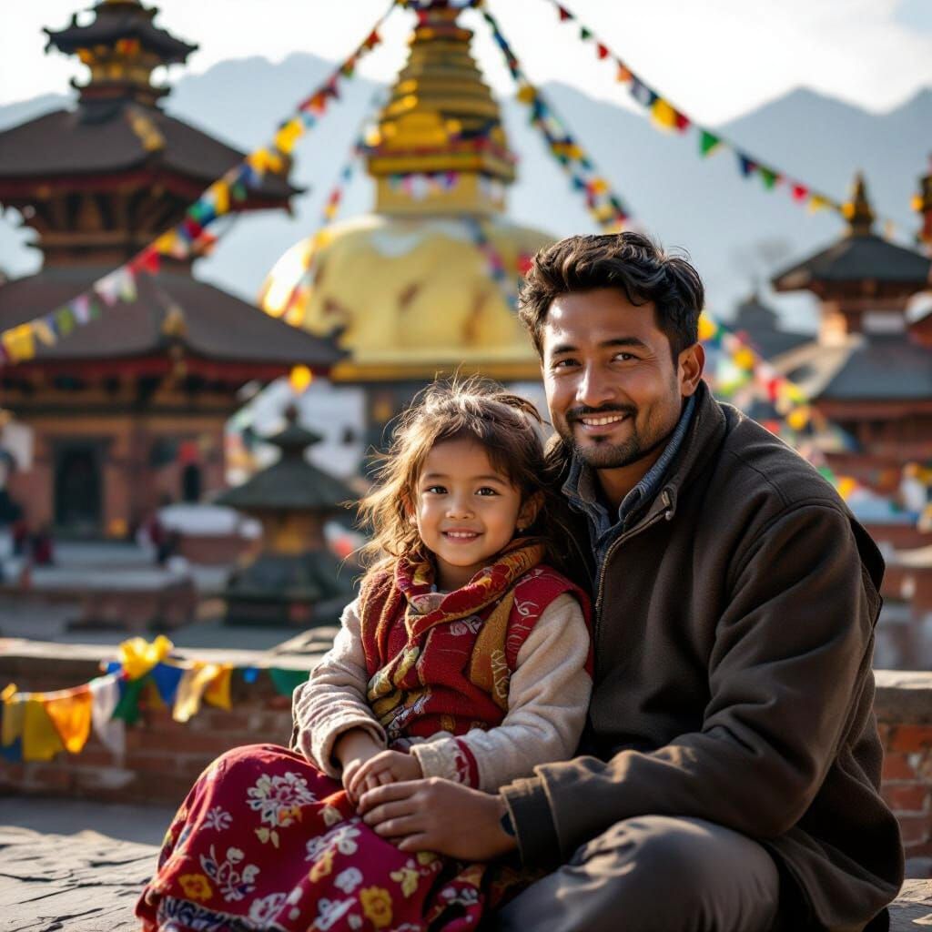 Nepalese Father and Daughter at Swayambhunath Stupa