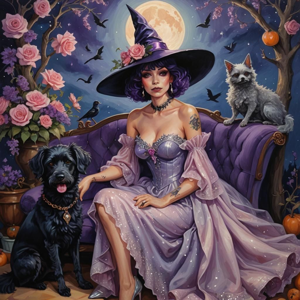 Elegant Witch with Poodles in Impressionist Oil Painting