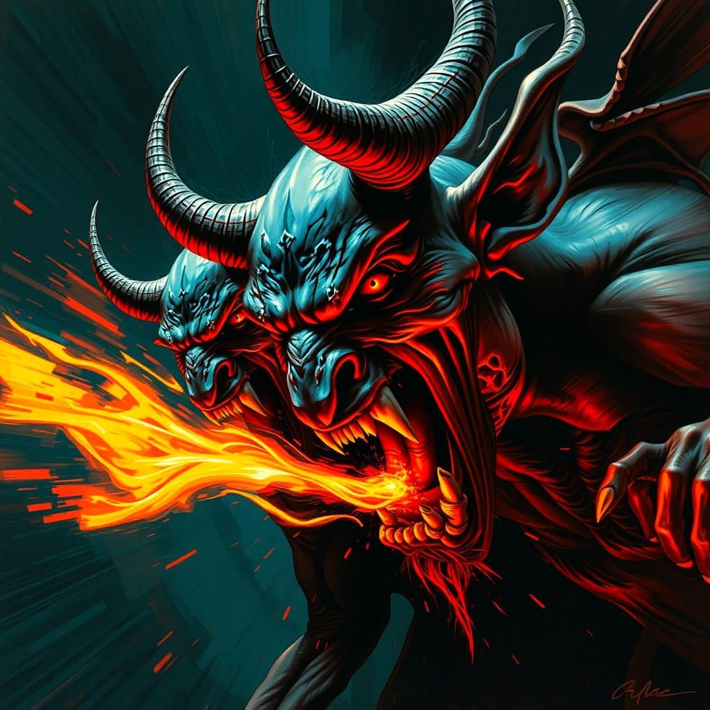 Expressive Devils Portrait in Neon Colors, Inspired by Maste...