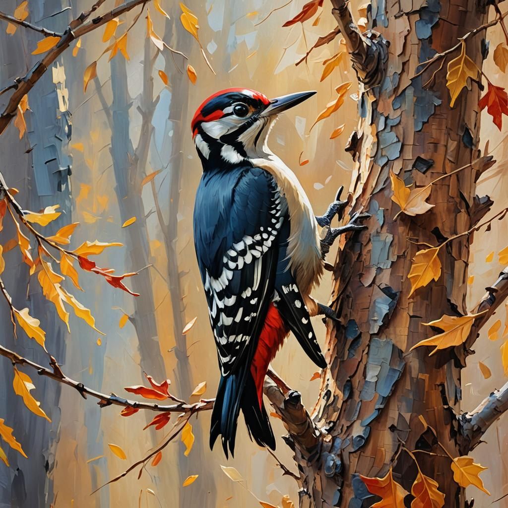 Woodpecker on Autumn Branch in Expressionist Oil