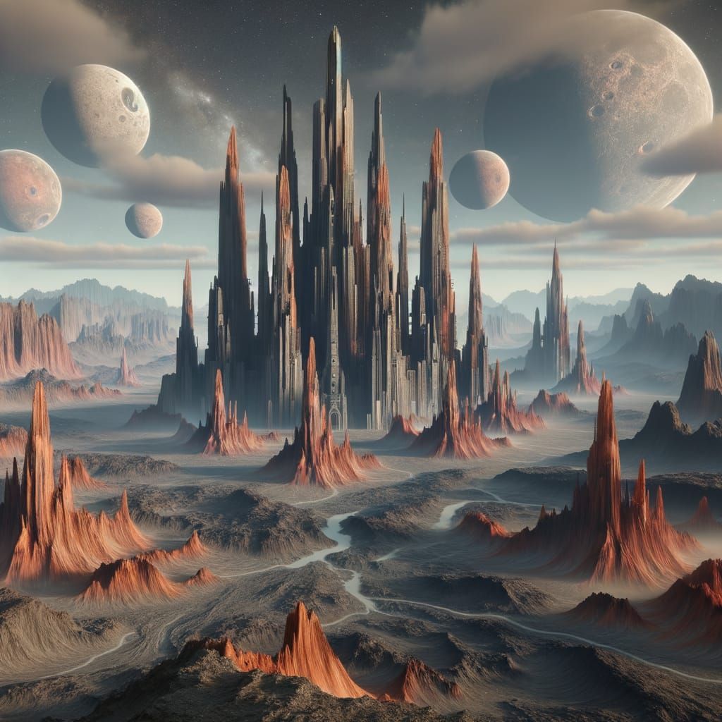 Alien Landscape with Towering Red Sandstone Spires