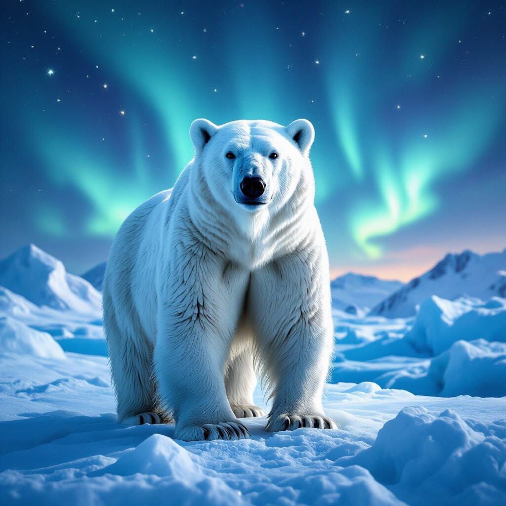 Polar Bear Under Aurora Borealis in Hyperrealism