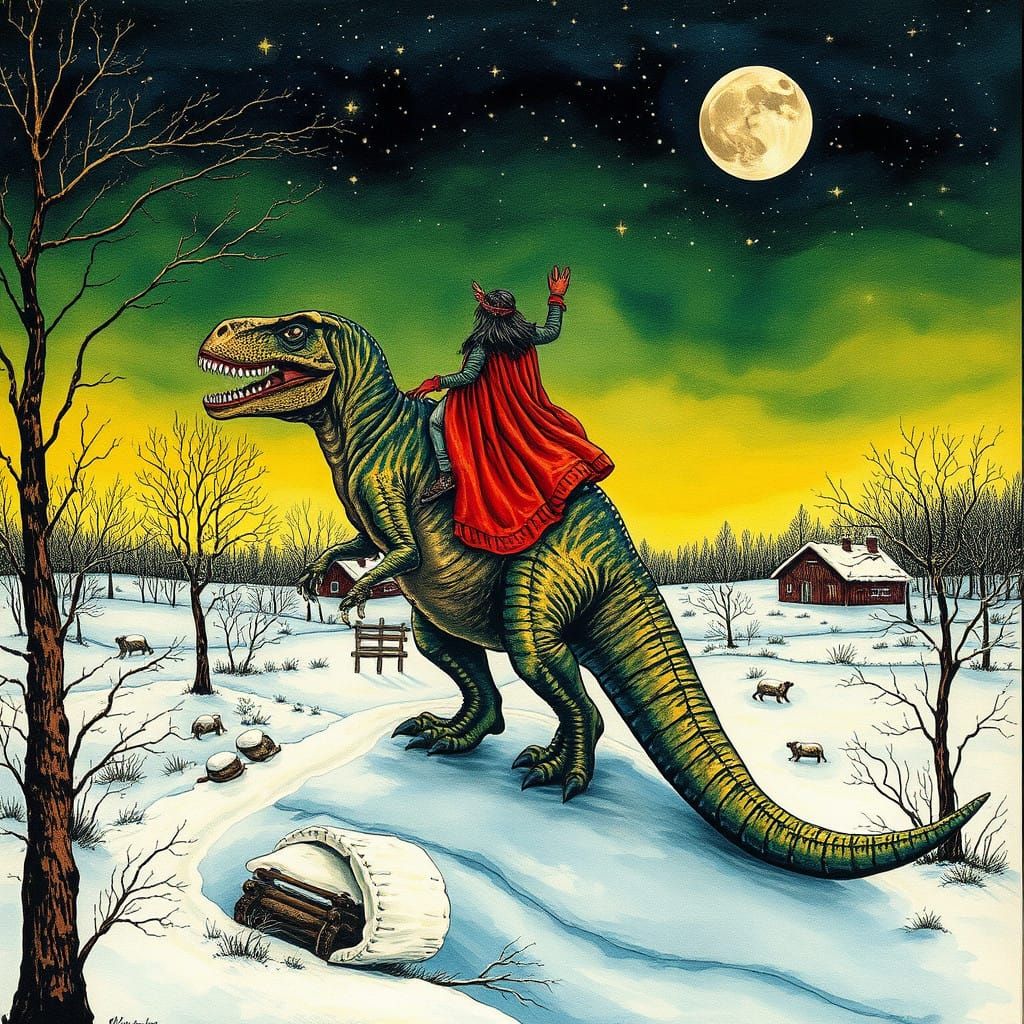 Darth Vader Rides a T-Rex in a Whimsical Winter Landscape