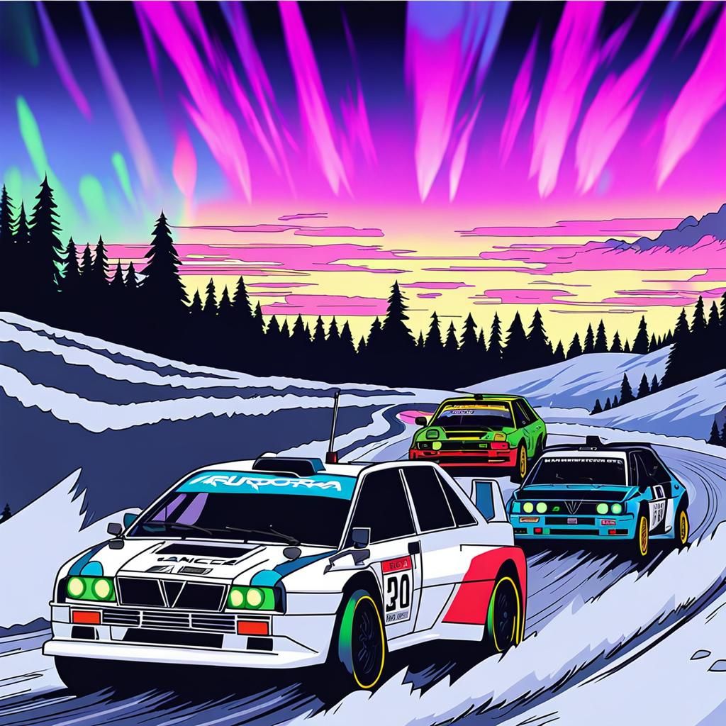 Lancia Delta Rallying Under Aurora in Cyberpunk Style