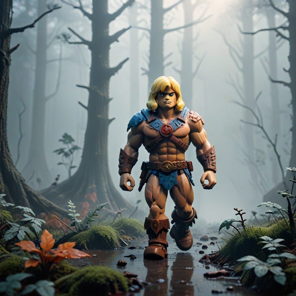 He-Man Lego Figure in Ethereal Misty Forest Concept Art