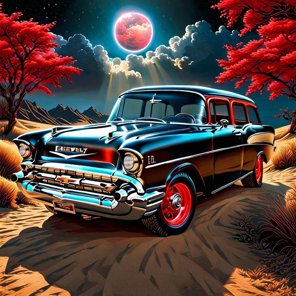 Black 1957 Chevy with Red Wheels in Digital Art