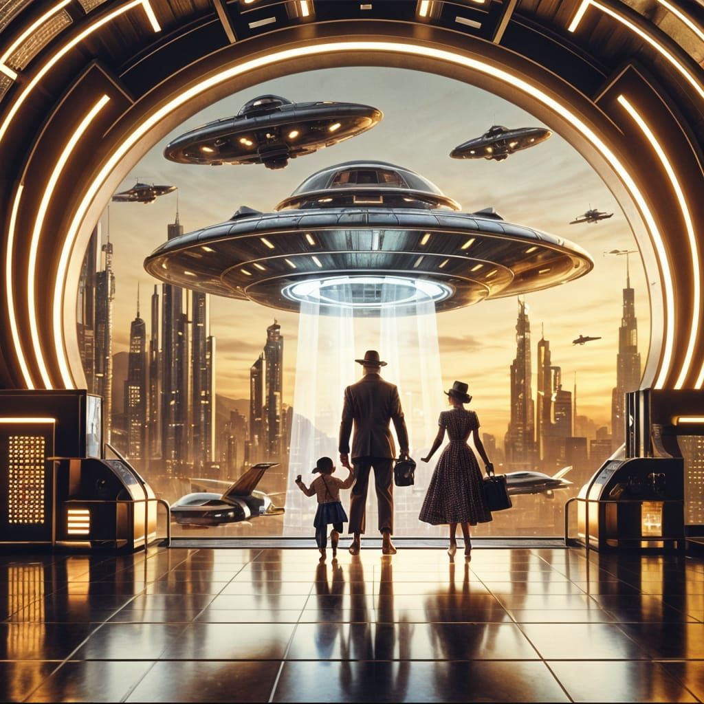 Retro-Futuristic Spaceport with Chrome Flying Saucer