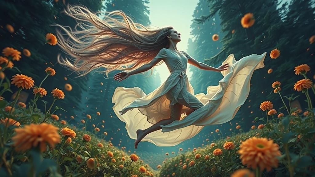 Woman Leaping with Flower in Surreal Forest