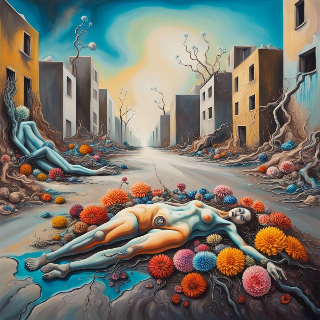 Surreal Cosmic Flowers Bloom in Destroyed City