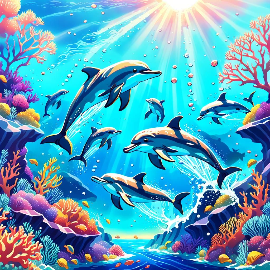 Anime Dolphins Leaping Over Coral Reef