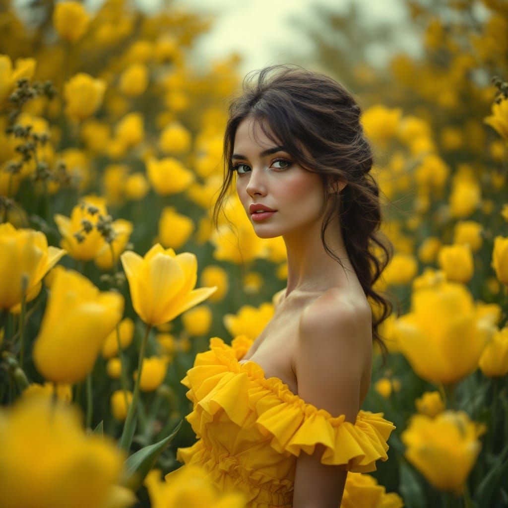 Woman in Yellow Dress in Field of Flowers