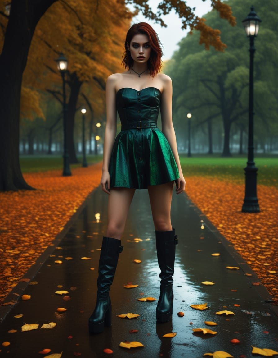 Gothic Woman in Park During Golden Hour