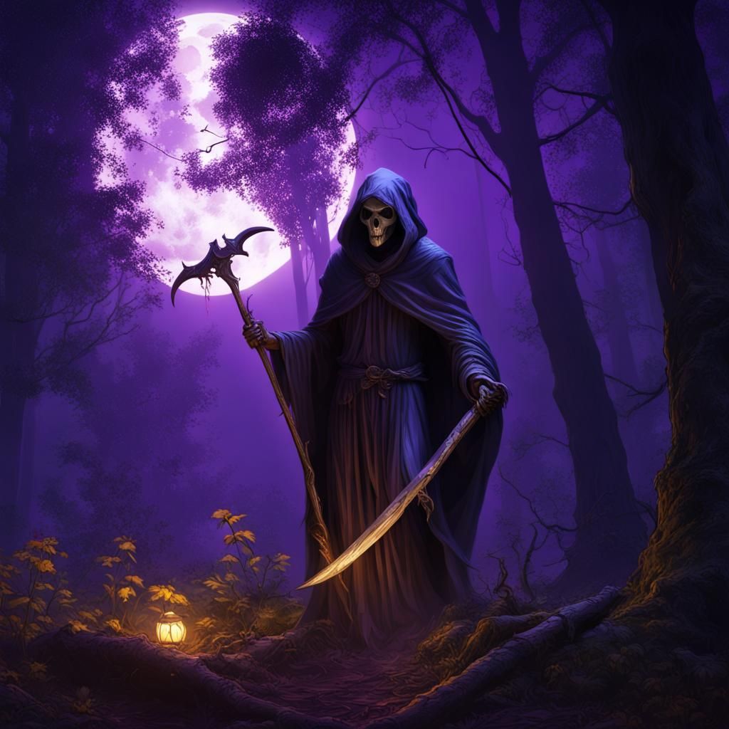 Grim Reaper in Forest Under Full Moon, Dark Fantasy