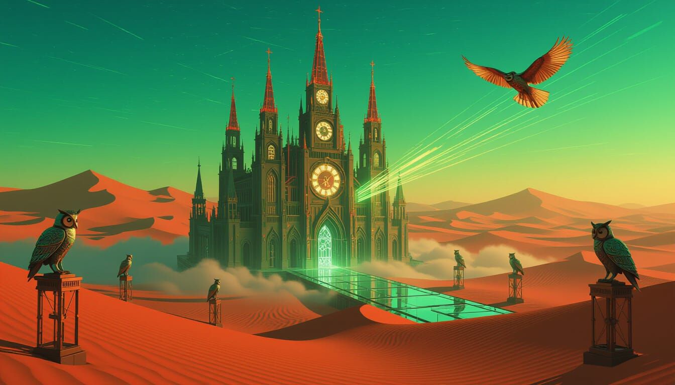Neon Desert Clock Cathedral with Mechanical Owls